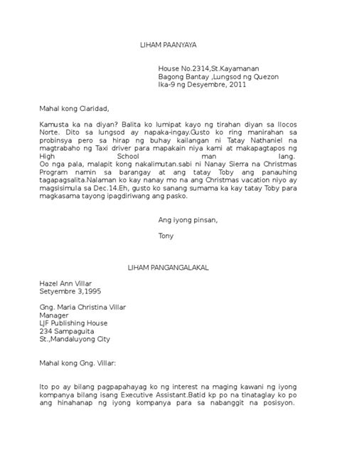 Liham Halimbawa Ng Request Letter Sa Tagalog Maikling Kwentong Bila