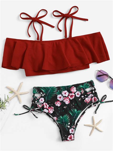 Flounce Top With Floral Tie Side Bikini Set Swimwear Beachwear Women Fashion Bikinis