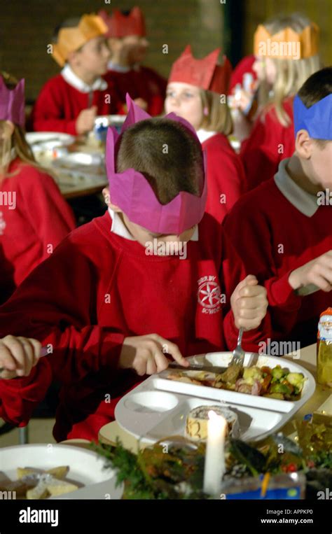 School Christmas Dinner English British Education Boy Paper Hats Eat