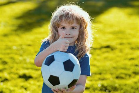 Boy Holding Soccer Ball Close Up Sporty Kids Portrait Soccer Boy Show