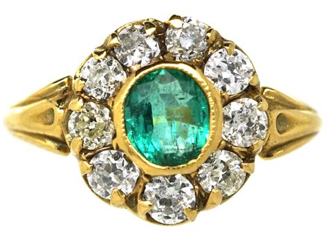 Edwardian Ct Gold Emerald Diamond Cluster Ring L The