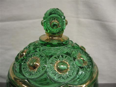 Clear Bright Green Glass Ginger Jar With Lid Gold Accents 7 12 Height