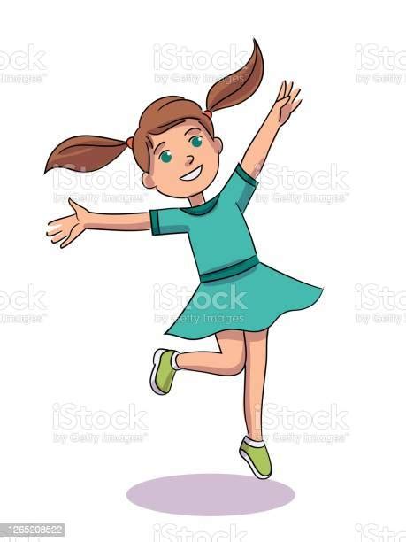 Cute Girl Jumping Up Spreading Her Arms To Sides Person Isolated Stock