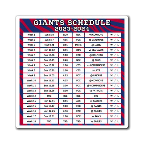 2023 New York Giants Schedule Magnet New York Games Win Lose Etsy Denmark