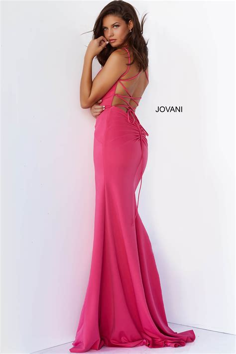Jovani 07402 Pink Spaghetti Strap V Neck Sheath Prom Dress