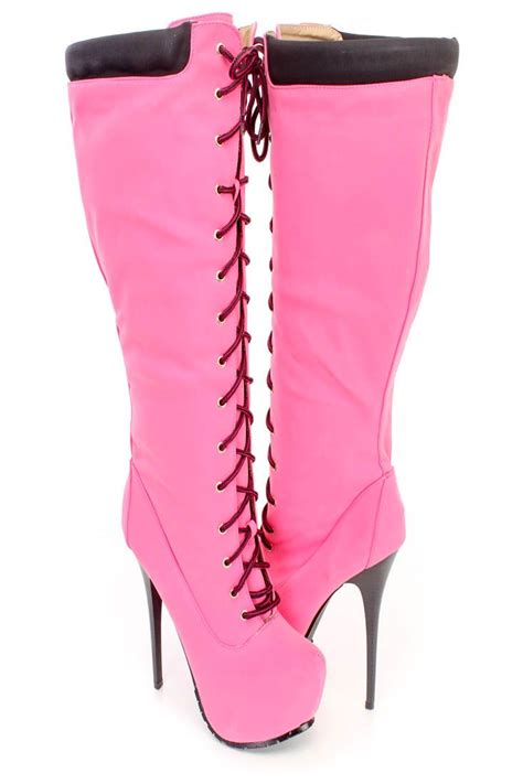 hot pink lace up 6 inch stiletto high heel boots nubuck boots thigh high