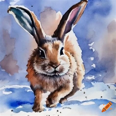 Watercolor Painting Of A Running Rabbit In The Snow