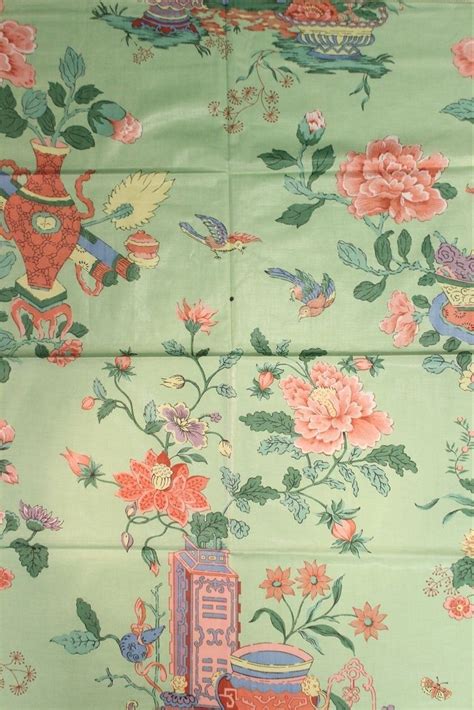Chinoiserie Celadon Green Glazed Chintz Fabric W Flowers In Vases