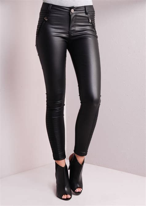 Ribbed Detailing Skinny Leather Trousers Black
