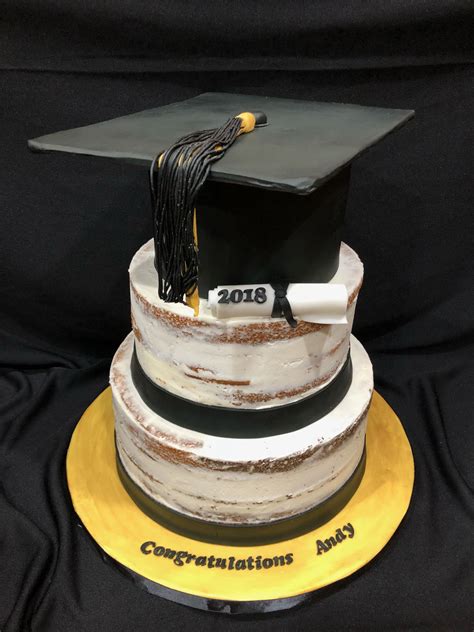 Graduation Cake With Graduation Cap Black And Gold Simple Yet