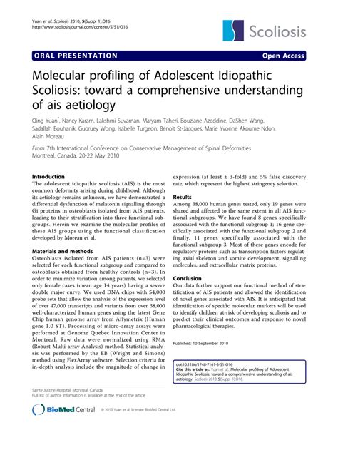 Pdf Molecular Profiling Of Adolescent Idiopathic Scoliosis Toward A Comprehensive