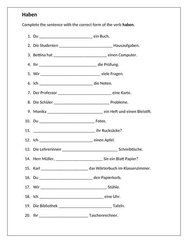Haben German Verb Worksheet Teaching Resources