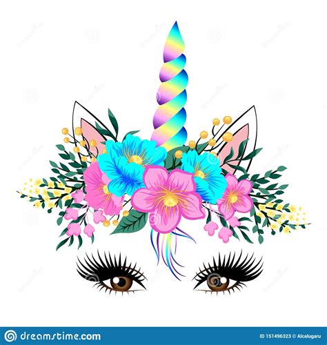 Cute Unicorn Face With Flowers Stock Vector Illustration Of Dream