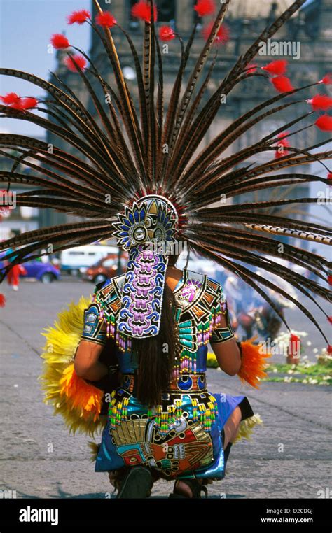 Mexico Mexico City Zocalo Aztec Ceremony Woman With Feathered