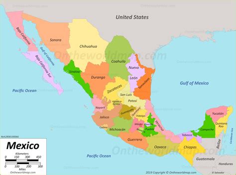 Regions and city list of mexico with capital and administrative centers are marked. Political Map of Mexico