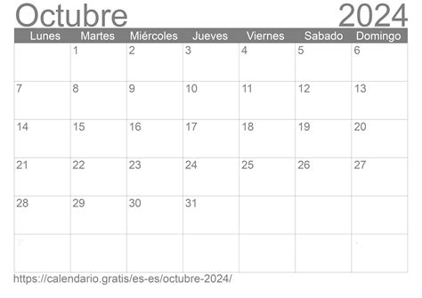 Calendario Octubre 2024 De España En Español ☑️ Calendariogratis