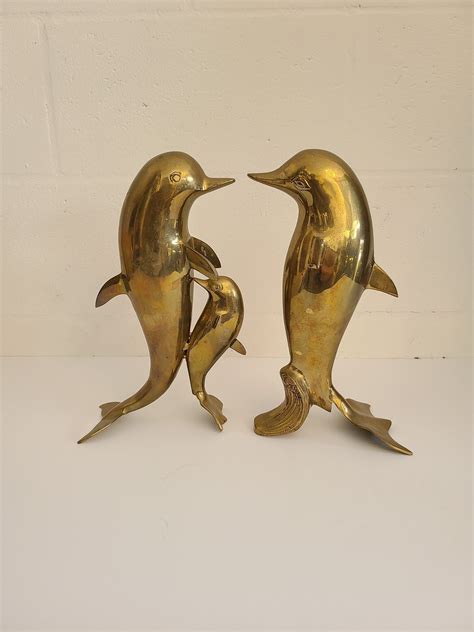 Large Solid Vintage Brass Dolphin Pair Brass Porpoise Dolphin