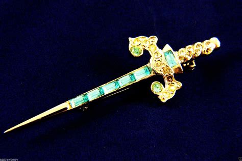 Vintage Collectible Silver Tone Metal Blue Crystal Sword Pin Brooch 0