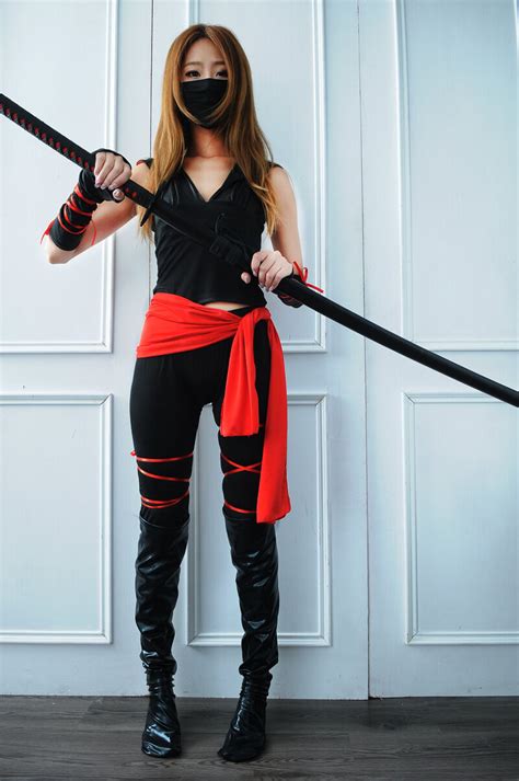 Sexy Deadly Ninja Red Black V Neck Women Costume Suit Fo Cosplay