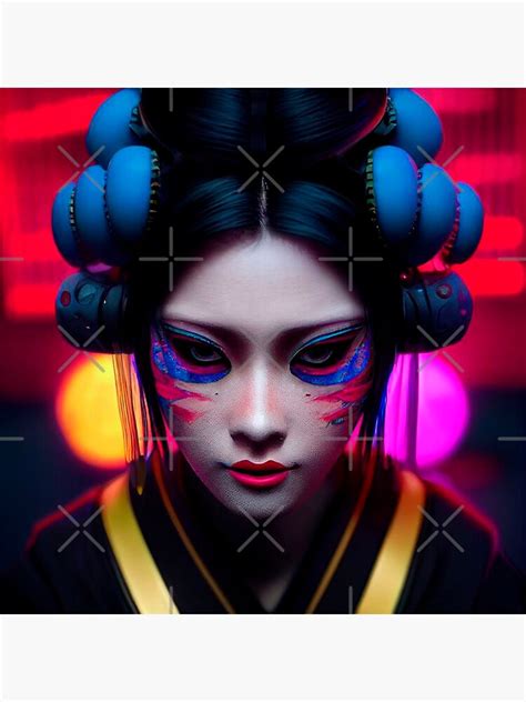 Japanese Geisha Girl Portrait Etnic Cyberpunk Technology Pop Art Style Colorful Makeup Sticker