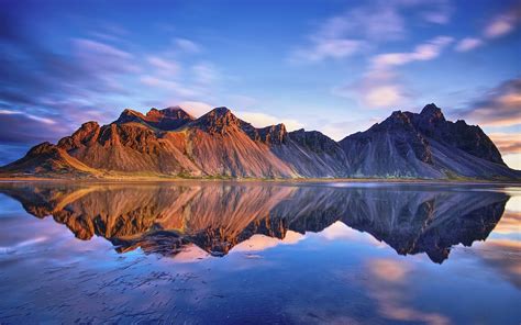 Wallpaper Iceland Vestrahorn Mountains Sea Water Reflection Clouds