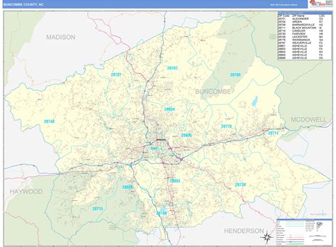 Buncombe County, NC Zip Code Wall Map Basic Style by MarketMAPS - MapSales