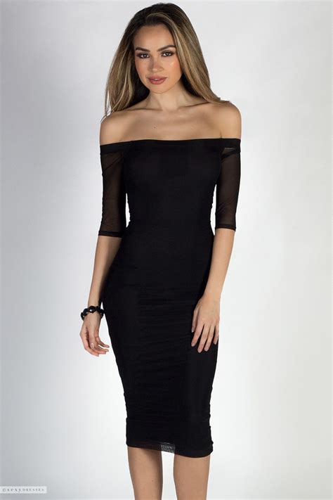 Dangerous Love Black Off Shoulder Mesh Sleeve Midi Dress Dinner Dress Outfit Dinner Dress
