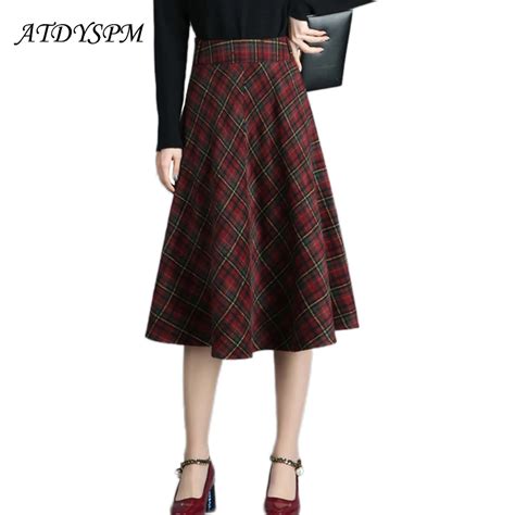 atdyspm 2018 autumn winter thick woolen skirts women high waist a line skirt classic red plaid