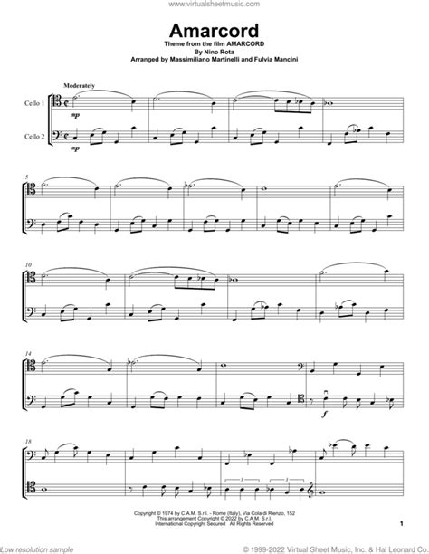 Amarcord From Amarcord Sheet Music For Two Cellos Duet Duets