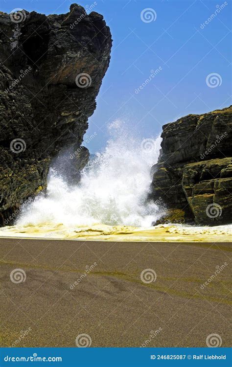 Secluded Black Lava Sand Beach Cove Powerful Heavy Violent Surf Waves