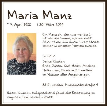 Traueranzeigen Von Maria Manz Schwaebische De Trauerportal