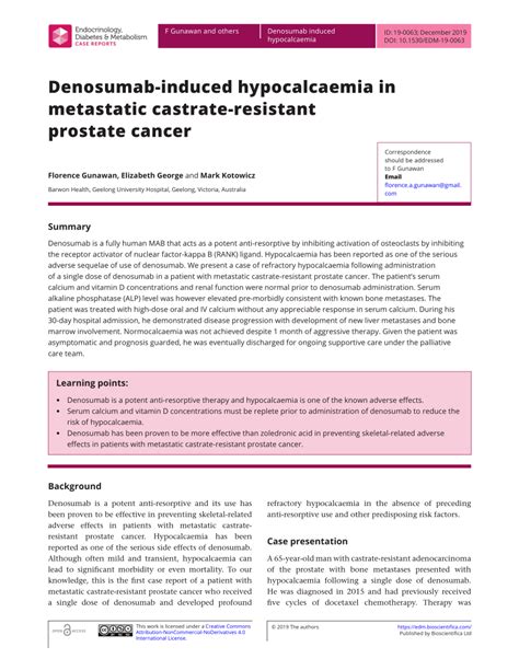 Pdf Denosumab Induced Hypocalcaemia In Metastatic Castrate Resistant Prostate Cancer