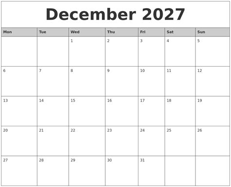 December 2027 Monthly Calendar Printable