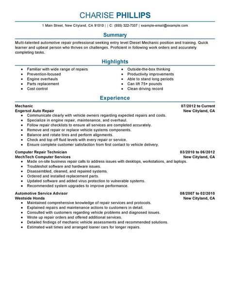Professional Entry Level Mechanic Resume Examples LiveCareer