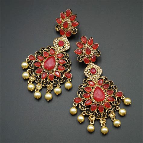 Gouri Red Kundan Gold Diamante Earrings Gold Indian Jewellery Online Asian Jewellery Uk