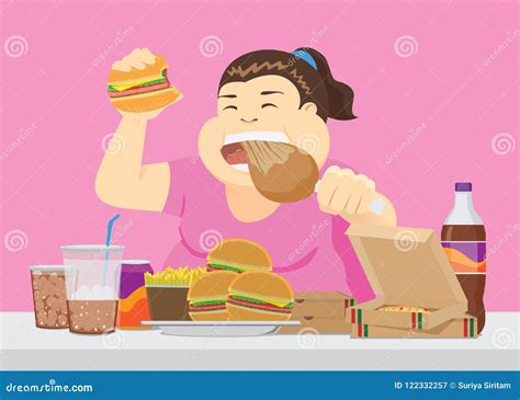 Fat Woman Enjoy With A Lot Of Fast Food On The Table Stock Vector
