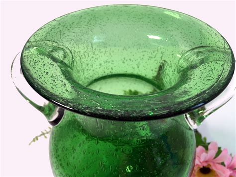 Vintage Art Glass Vase Emerald Green Bubble Glass W Clear Handles And Base Hand Blown Glass