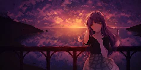 P Free Download Anime Girl Sunset Clouds Long Hair Balcony