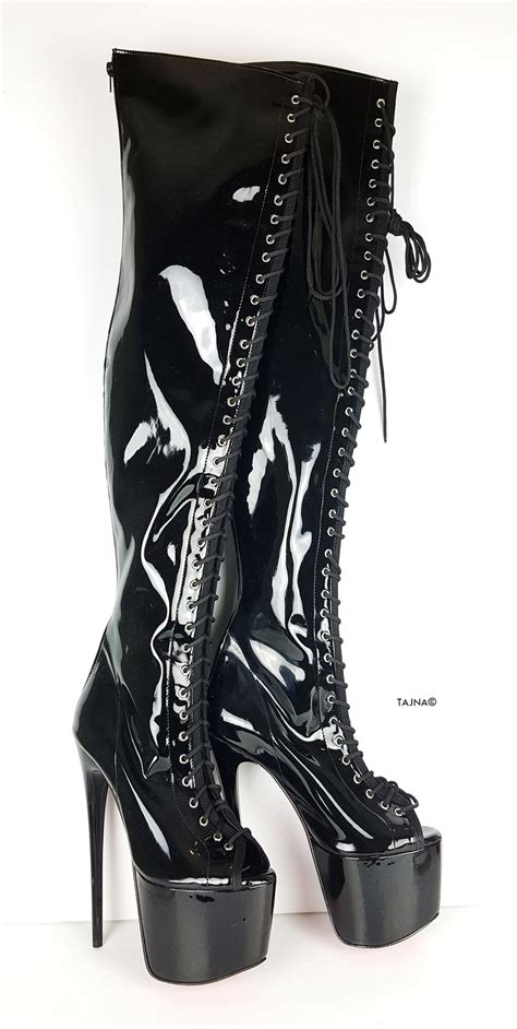 Black Patent Gladiator Lace Up Thigh High Boots Tajna Club