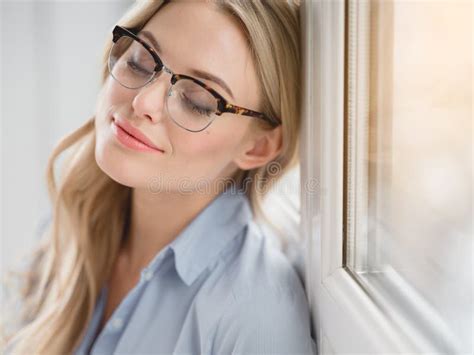 Peaceful Businesswoman Closed Eyes With Relaxation Stock Photo Image
