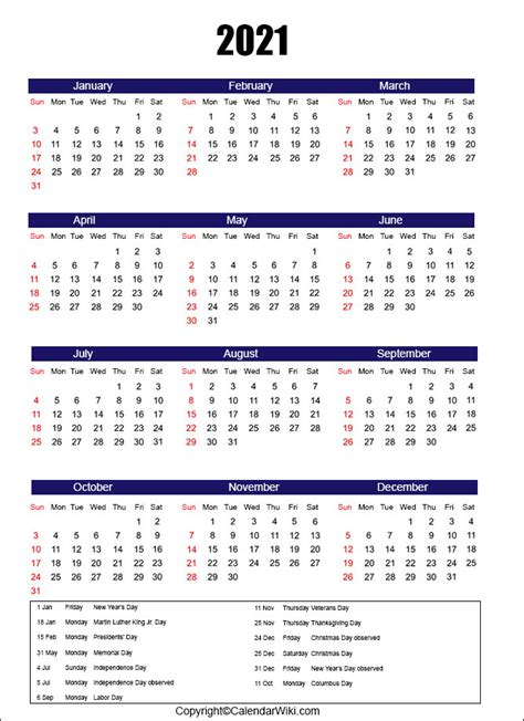 Free 2021 Calendar With Holidays 2021 Holidays