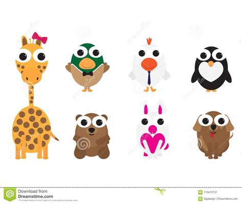Set Of Cute Vector Cartoon Animals With Big Eyes Stock