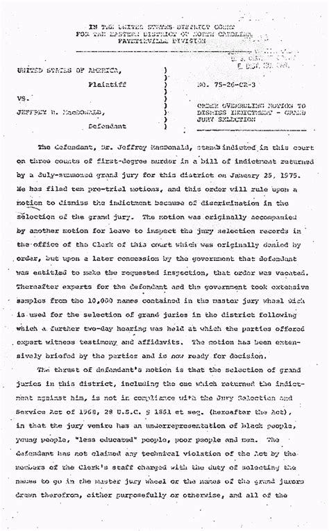 Order Overruling Motion To Dismiss Indictment 1975 Jeffrey Macdonald