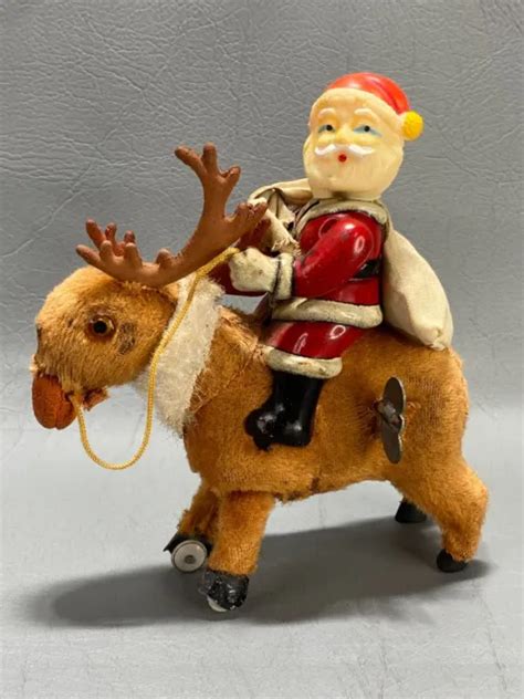 Vintage Old Toy Wind Up Wind Up Santa On Reindeer Tin Toy 1950s