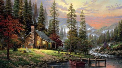 4525959 Clouds Sunset Mist Painting Mountains Forest House Dog