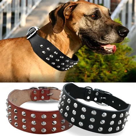 Genuine Leather Dog Collar For Large Dogs Cool Rivets Studded Spiked