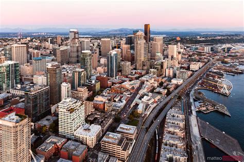 Matteo Colombo Photography Aerial View Of Seattle Downtown At Sunset