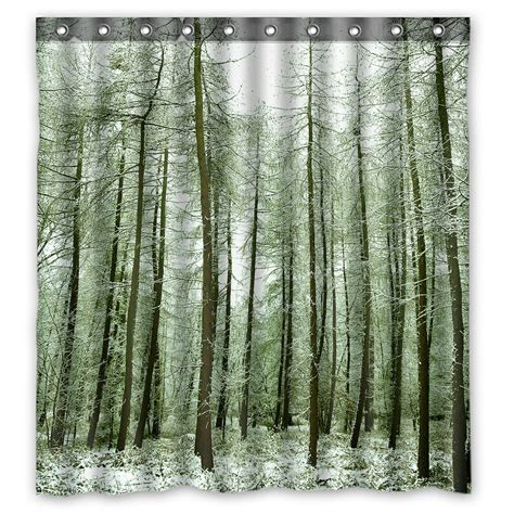 Phfzk Nature Shower Curtain Winter Scene Snow Tree Trunks Forest