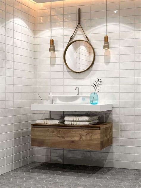 Minimalist Modern Bathroom With Ceramic Sink Tiled Walls And Grey