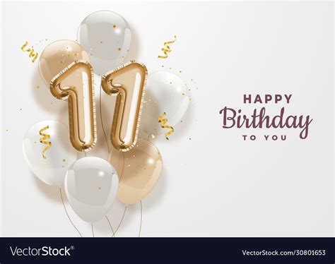 Happy 11th Birthday Gold Foil Balloon Greeting Background Stock Vector